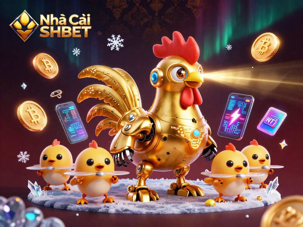 Engage in thrilling gameplay with Nhà cái SHBET in this vibrant casino illustration featuring golden rooster robots.