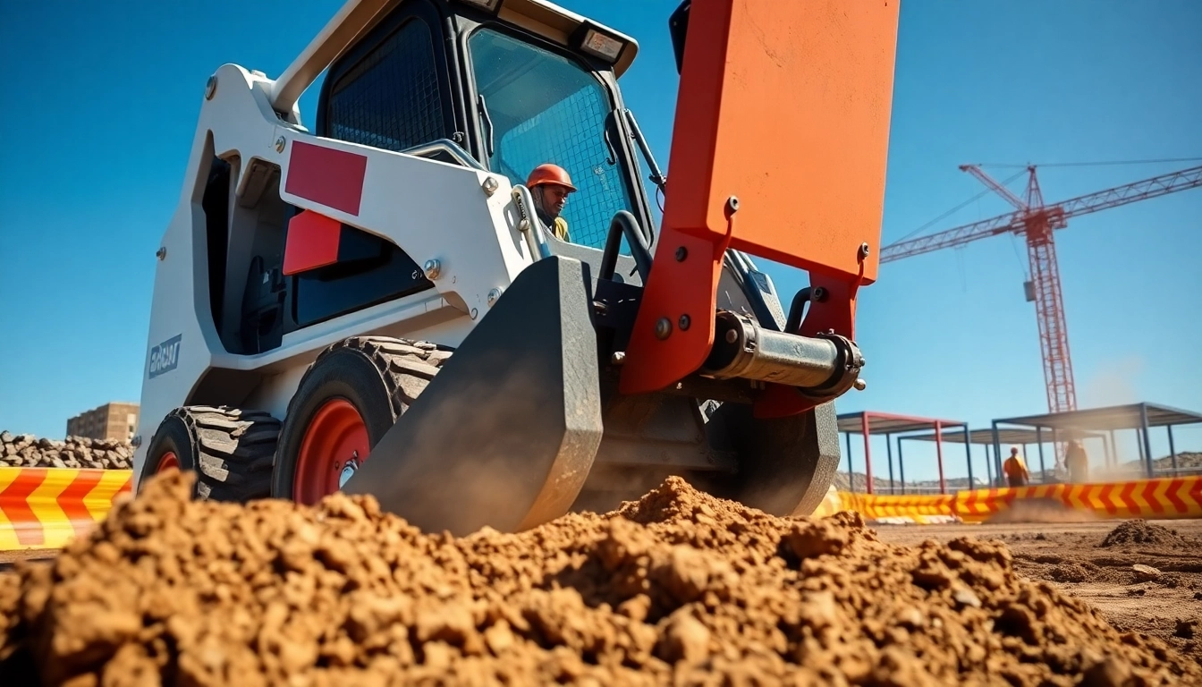 Bobcat machine actively excavating earth on a construction site with vibrant safety colors.