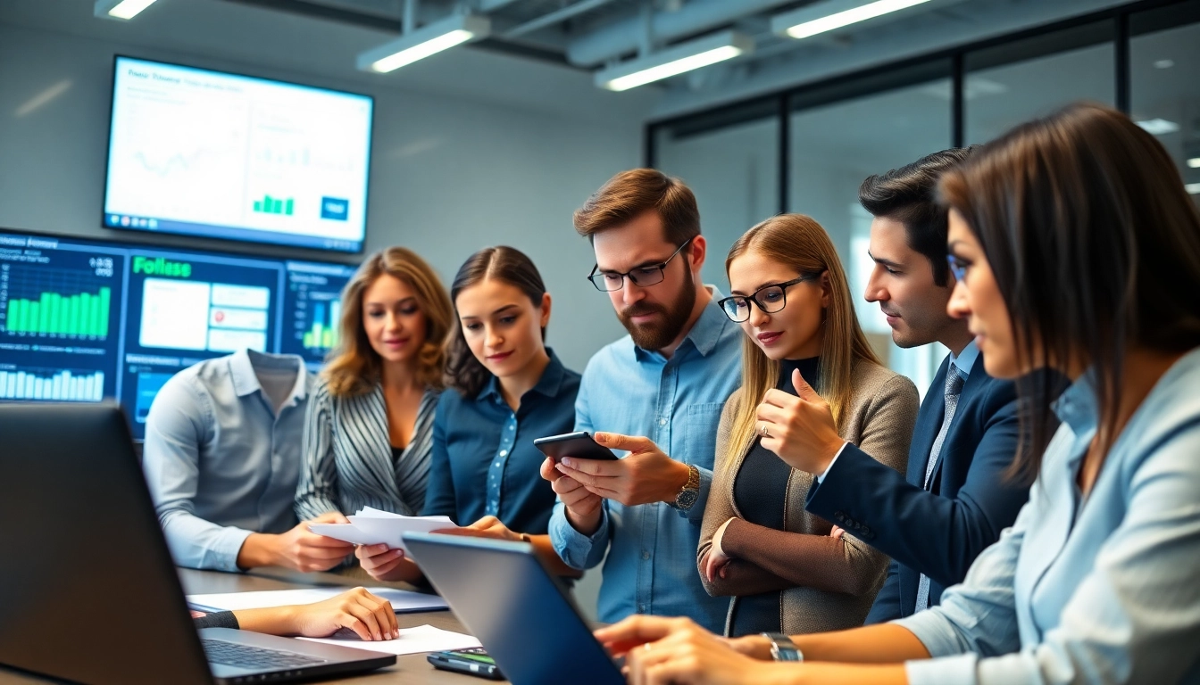Engaging in cyber essentials renewal, a diverse cybersecurity team collaborates in a modern office setting.