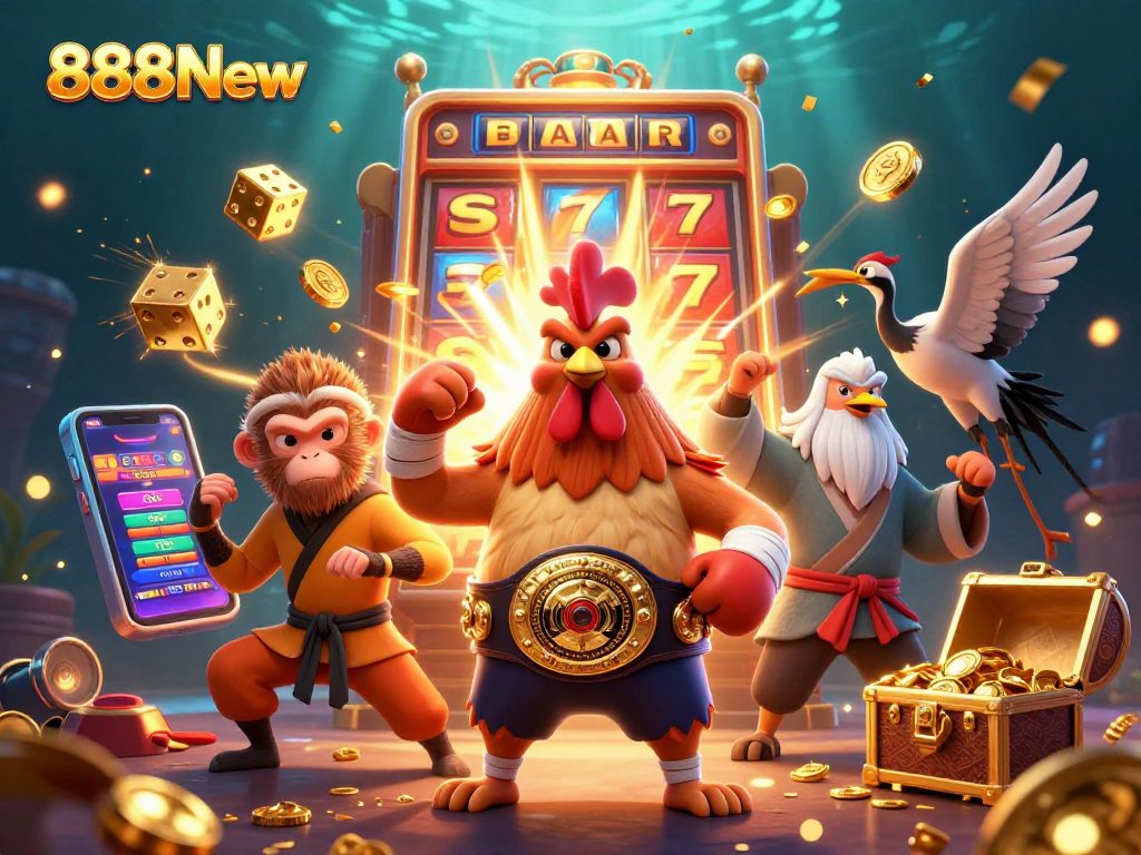 Enticing action with 888New showcasing a rooster and monkey characters amidst a dynamic jackpot scene.