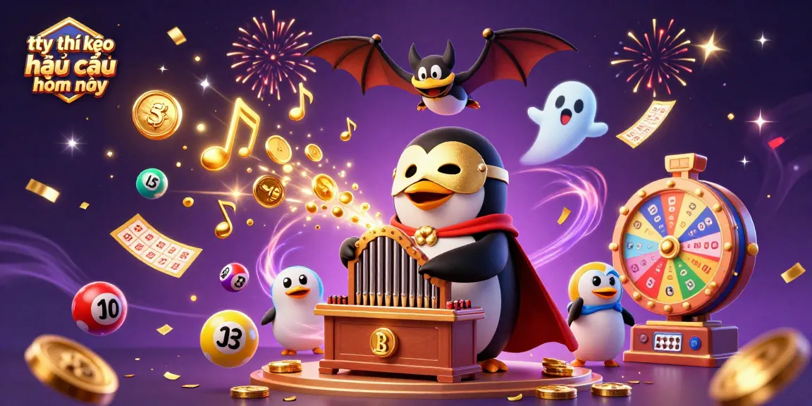 Engage with today's tỷ lệ kèo nhà cái hôm nay as cartoon penguin plays a golden coin organ amidst vibrant casino elements.