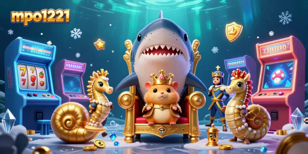 Engage with mpo1221, where a golden hamster king and vibrant slot machines unite in a dynamic casino fantasy.