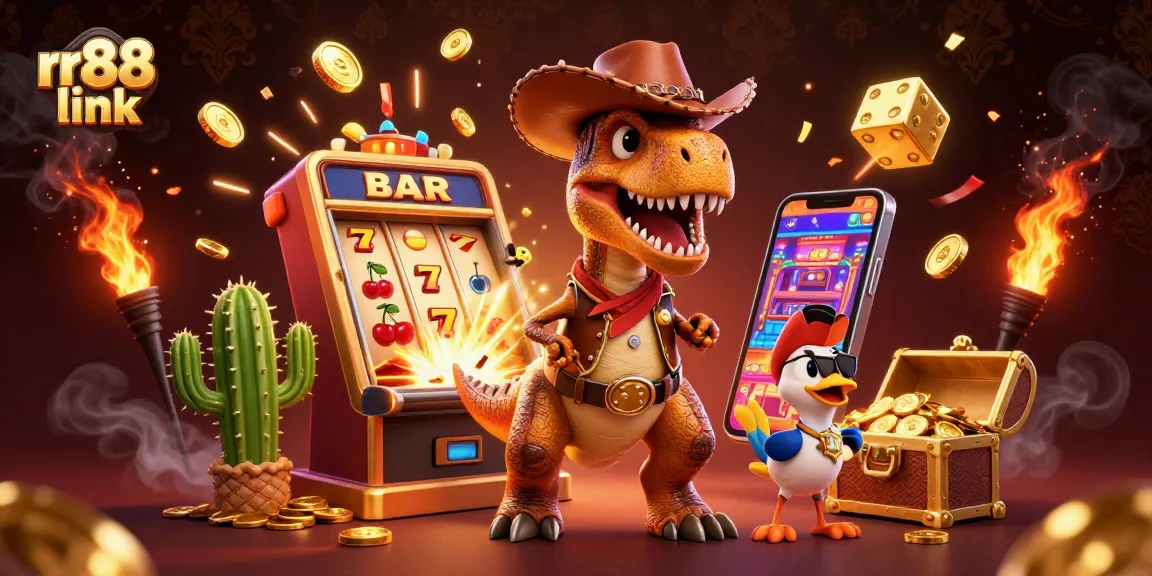 Experience the thrill of gaming with rr88 link in this dynamic casino scene featuring a T-Rex and friends.