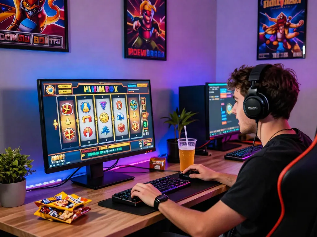 Exciting gaming setup with user playing slot jackpot games on large screen, snacks, and vibrant LED lights.