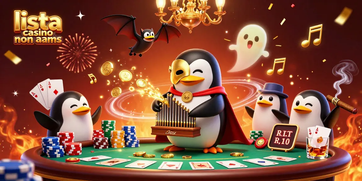 Gioca con la lista casino non AAMS: un pinguino e acrobati in un'illustrazione vivace e festosa.