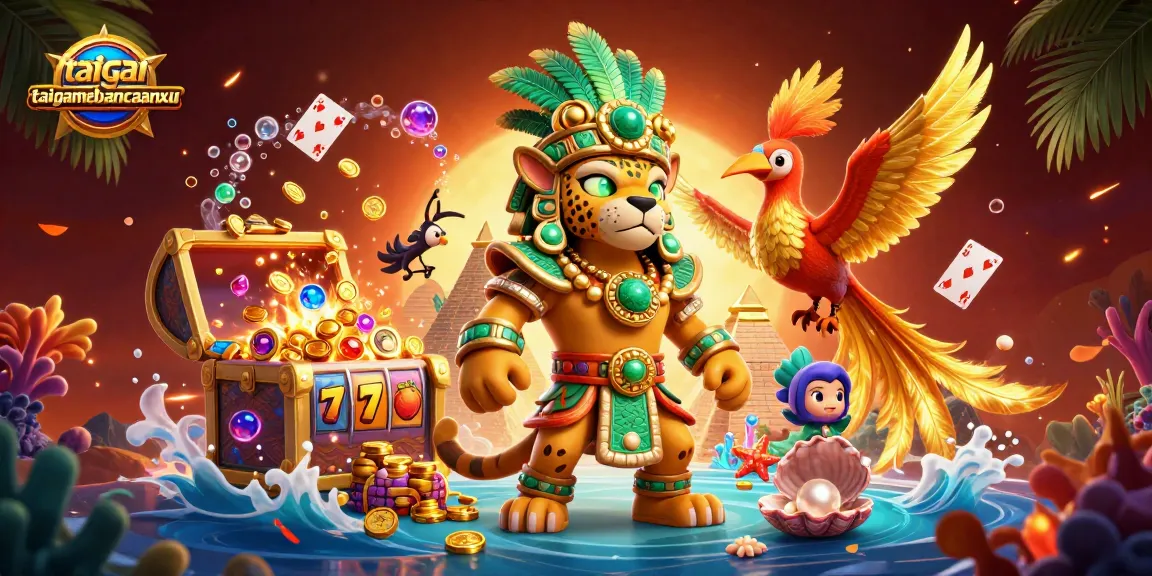 Experience the thrill of taigamebancaanxu with vivid characters, slot reels, and a treasure-filled scene.