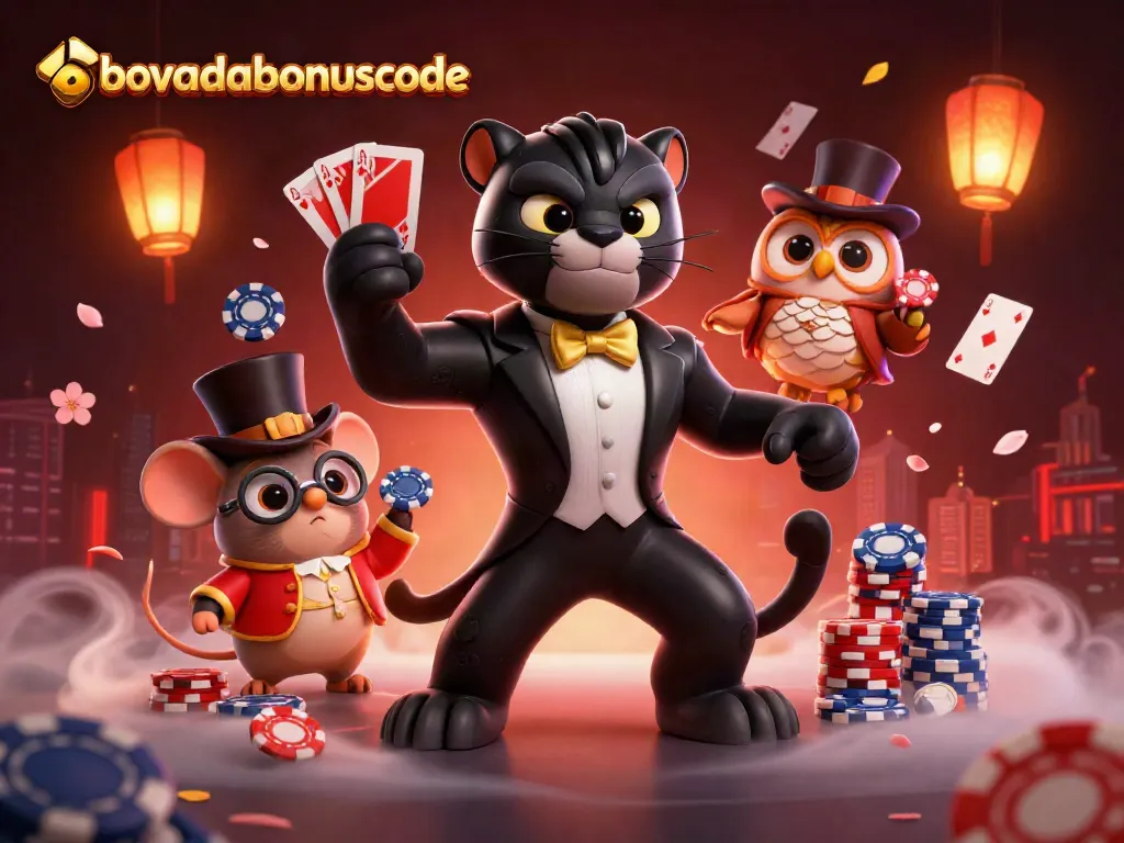 Engage with exciting BovadaBonusCode actions featuring an elegant black panther dealer, charming owl, and lucky mouse amidst vibrant gambling elements.