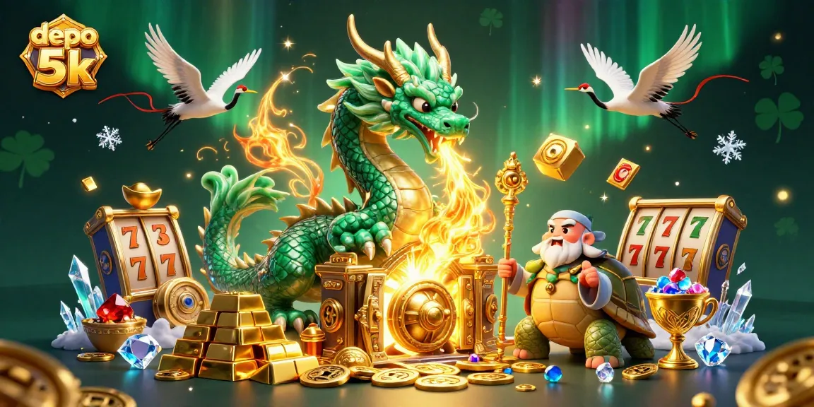 Permainan slot gacor di depo 5k dengan naga batu giok menembakkan api emas.