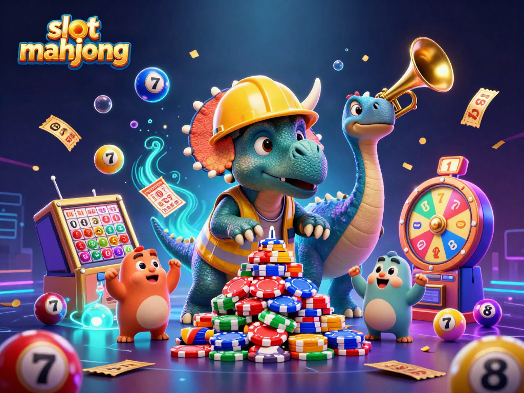 Engage in slot mahjong with a lively illustration showcasing animated characters and vibrant casino elements.