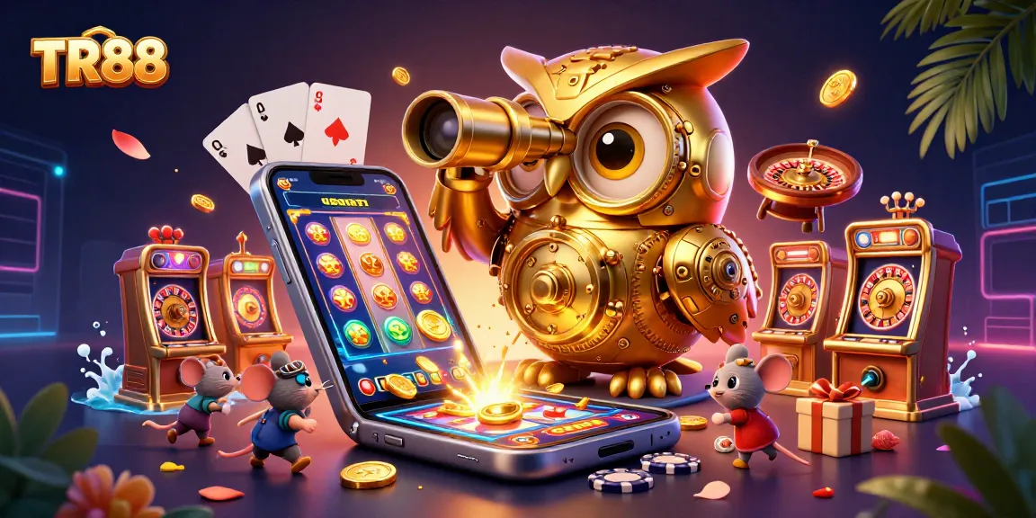 Experience the excitement of TR88 with vibrant casino scenes filled with dynamic slot machines and playful characters.