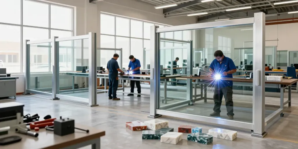Al taher group metal fabrication workshop showcasing skilled workers and marble pieces.