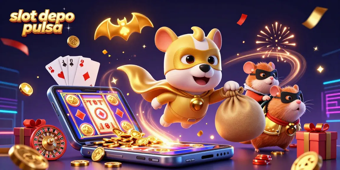 Win big with slot depo pulsa! A vibrant 3D scene of fun characters celebrating casino gameplay.
