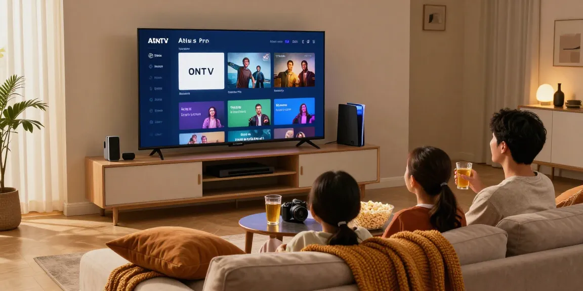 Family enjoying movie night with Atlas Pro ONTV in a cozy living room