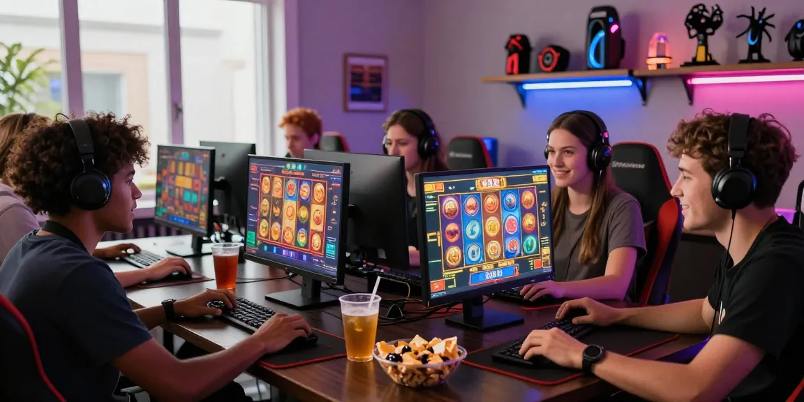 Friends enjoying 888 slot games together in a vibrant gaming setup.
