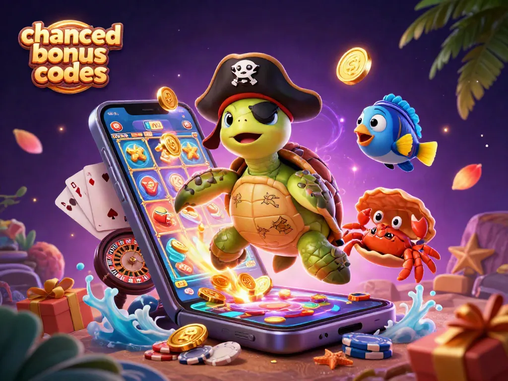 Engage with chanced bonus codes amid a vibrant 3D casino illustration featuring characters and dynamic gaming elements.