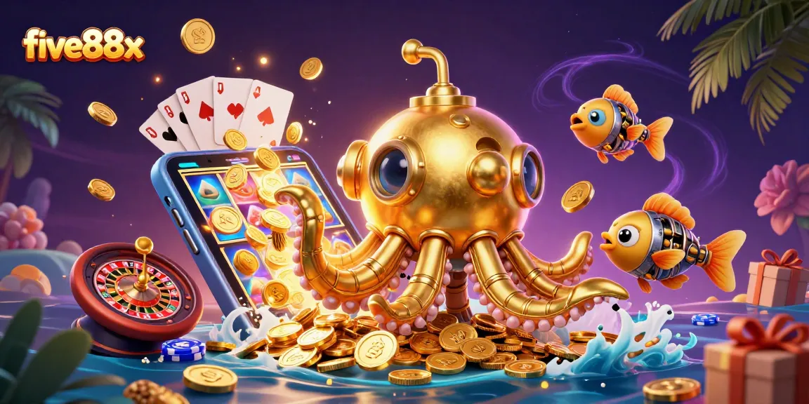 Play exciting games with five88x's golden kraken submarine and mechanical fish in a treasure-filled sea.