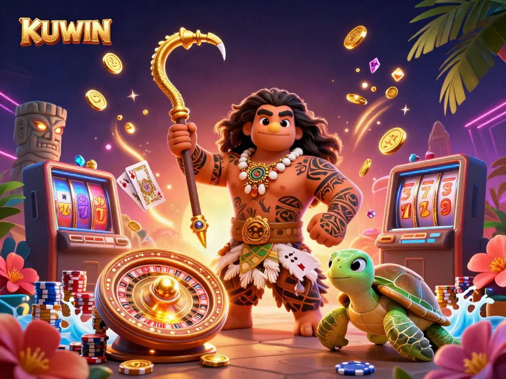 Spin and win with KUWIN in a vibrant casino scene featuring a demigod hawk and treasures.