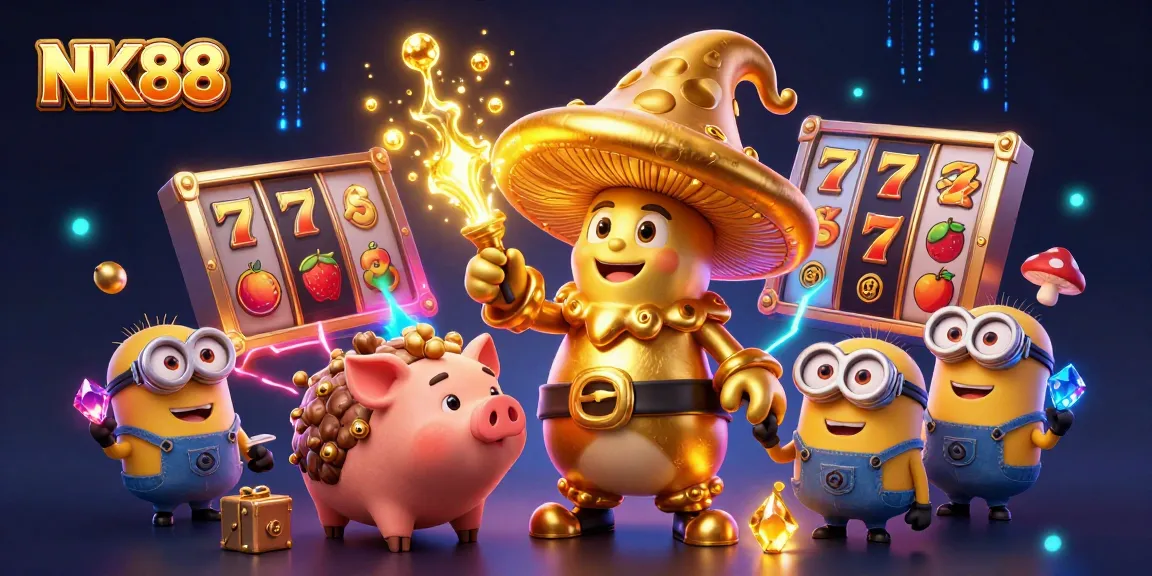 Engage with NK88's magical gaming offerings featuring a wizard and treasure in a casino-themed environment.