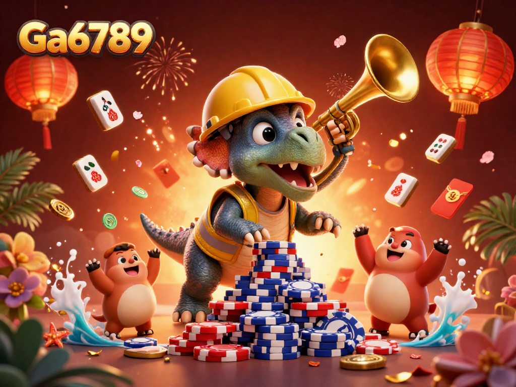 Ga6789 promotes excitement as triceratops and parasaurolophus celebrate with poker chips in a vibrant casino scene.
