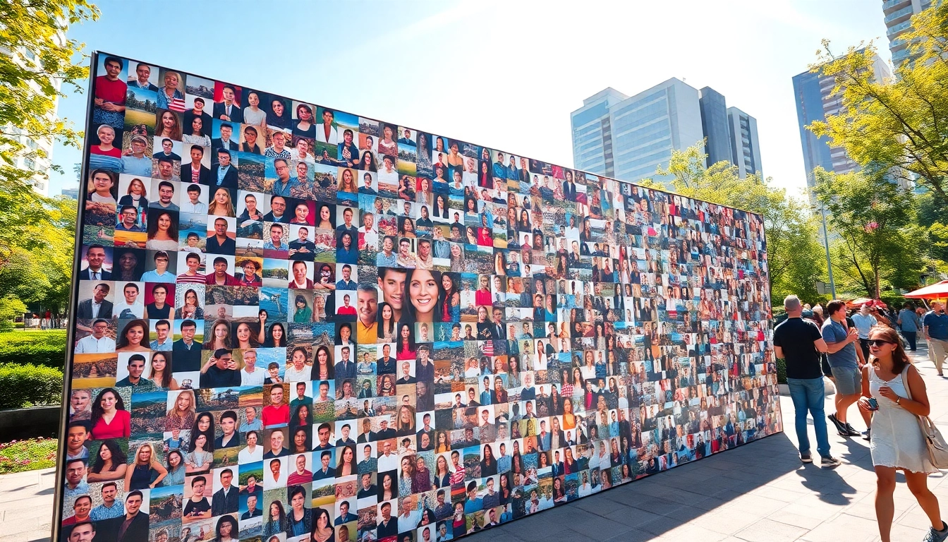 Vibrant selfie mosaic capturing joy and creativity in an urban park with diverse people.