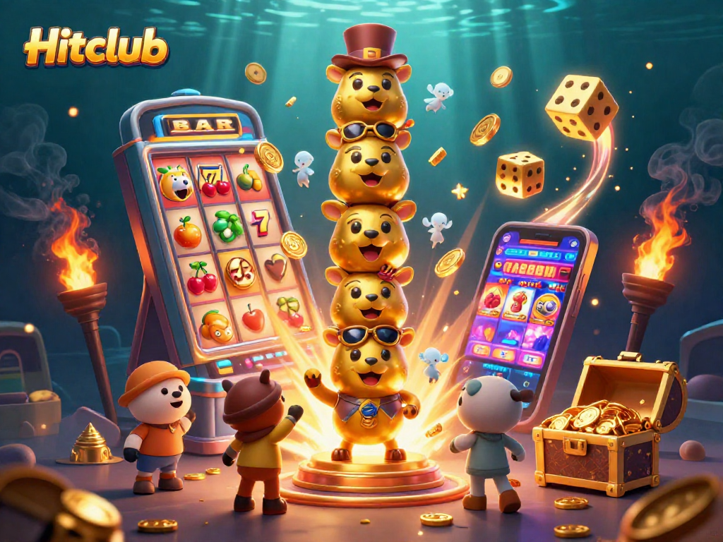 Hitclub slot machine erupts with a jackpot explosion, surrounded by vibrant casino elements.