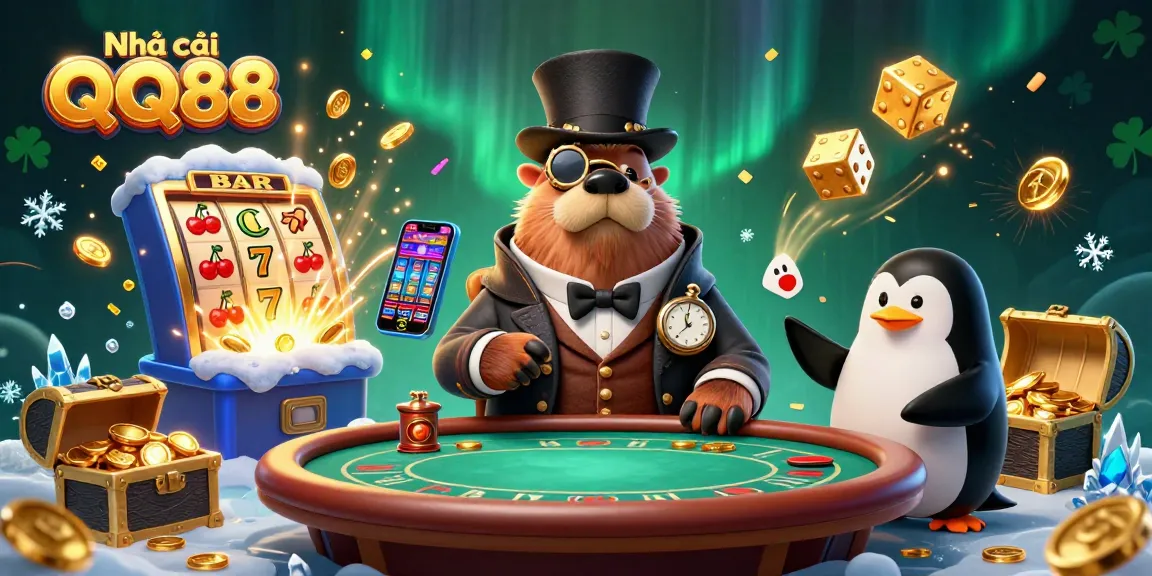 Engage with Nhà cái QQ88 in a vibrant poker scene featuring a jolly walrus, penguin dealer, and bluffing pufferfish.