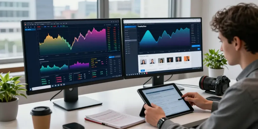 TradingView setup with dual monitors displaying charts and community interactions in a professional trading environment.
