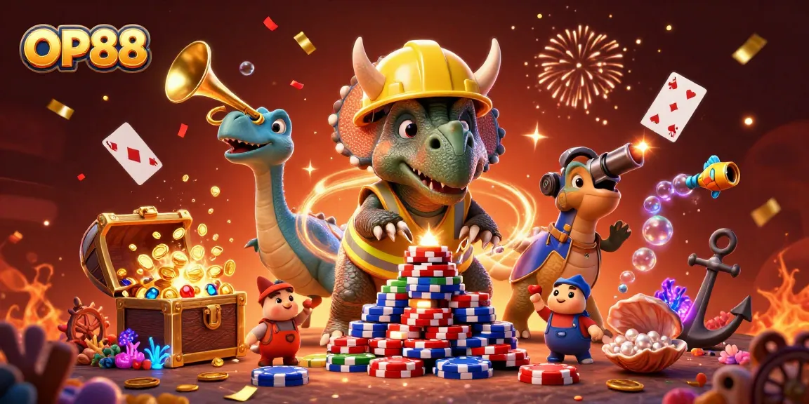 OP88 presents a vibrant 3D scene of a triceratops celebrating with poker chips, embodying thrilling casino gameplay.