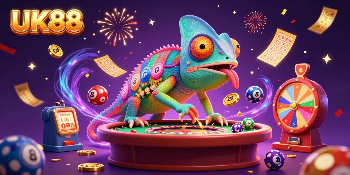 Engage with the thrilling UK88 casino experience featuring a dynamic chameleon owner amidst vibrant game elements.