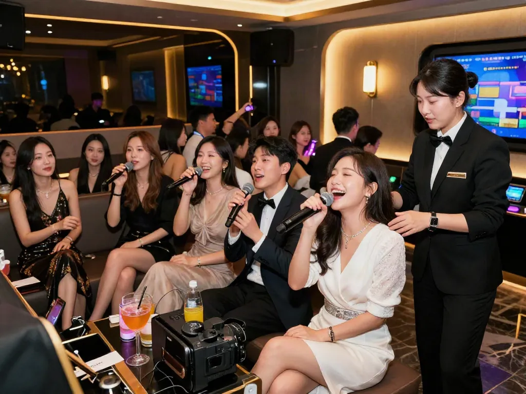 강남 달토 가라오케에서 혼자 노래하는 손님의 모습과 세련된 분위기