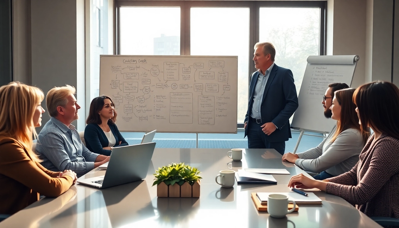 Engaging leadership coaching services california session with diverse executives collaborating in a modern office.