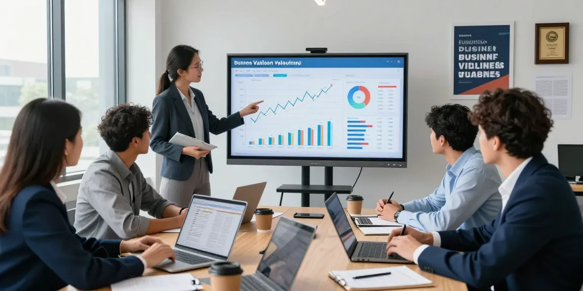 Team analyzing a business valuation calculator in a modern office meeting, showcasing data-driven decision-making.