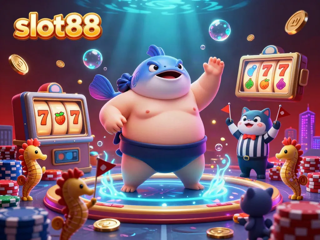 Engage in the thrilling slot88 experience with vibrant underwater scenes filled with slots, poker chips, and colorful characters.