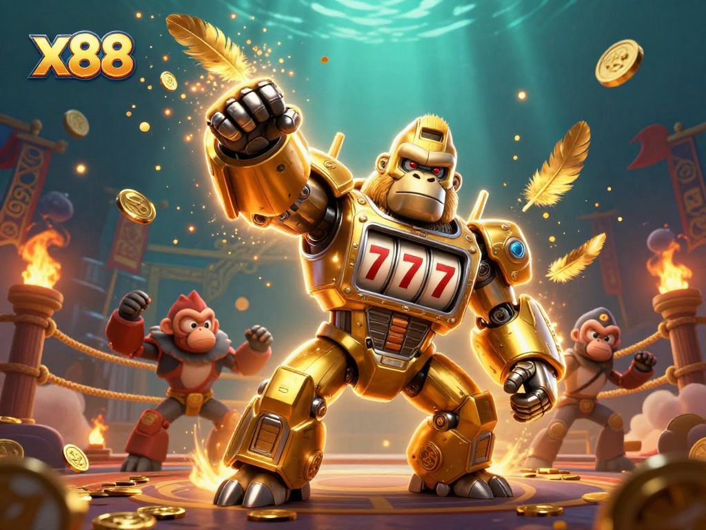 X88 offers exciting gaming adventures with a golden gorilla mech and thrilling casino elements everywhere.