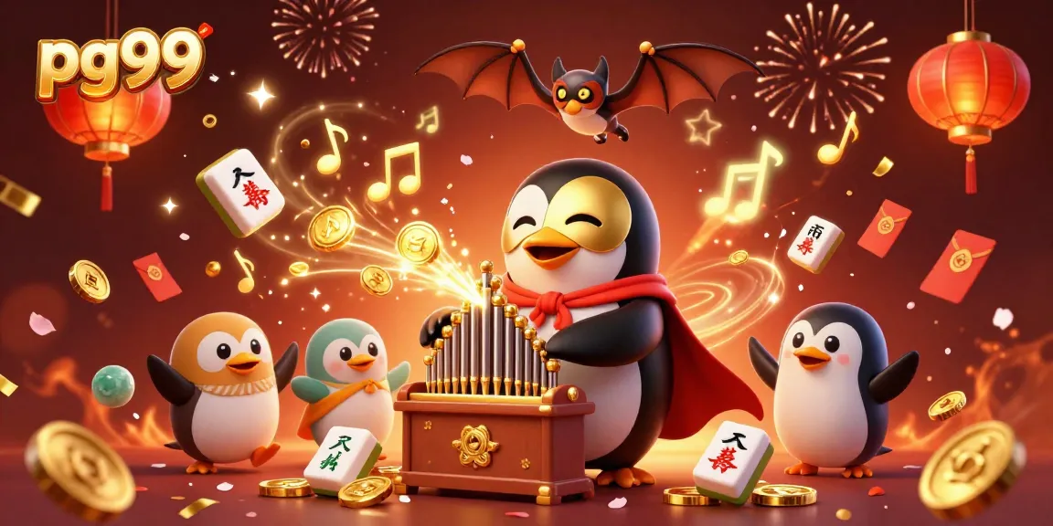 Engage with pg99 through the captivating 3D casino scene featuring a penguin playing an organ shooting golden coins.