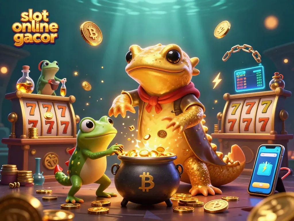 Experience slot online gacor with golden alchemy in a vibrant casino-themed illustration.