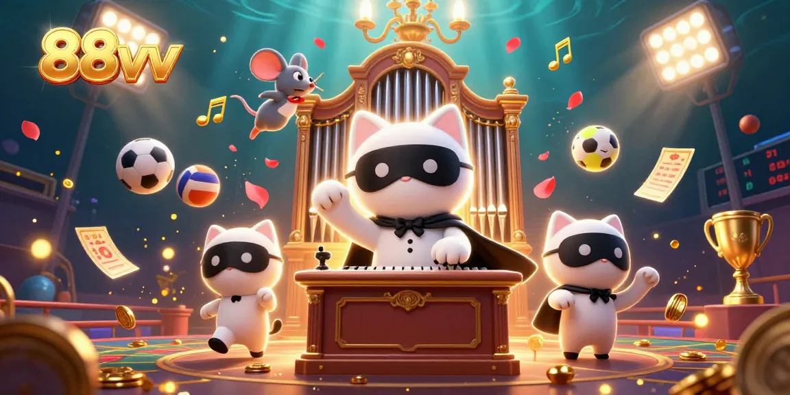Experience thrilling excitement with 88vv as the white cat plays an organ amidst sports-themed action.