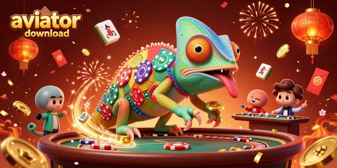 Play Aviator download with vibrant gaming elements and a colorful chameleon host.