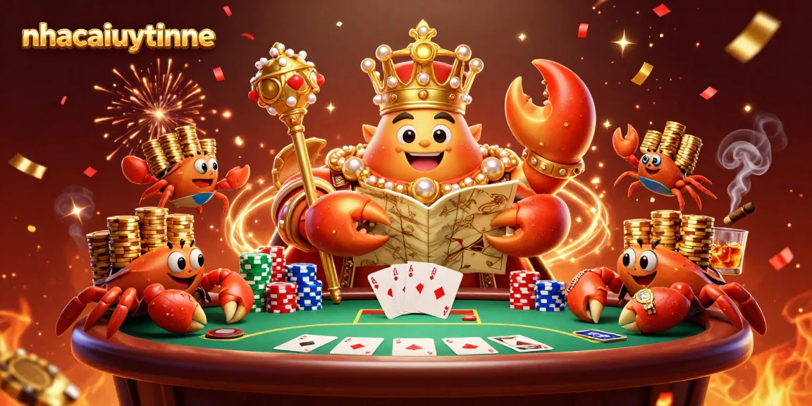 Experience nhacaiuytinne in this vibrant scene of a golden crab emperor overseeing an energetic casino showdown.