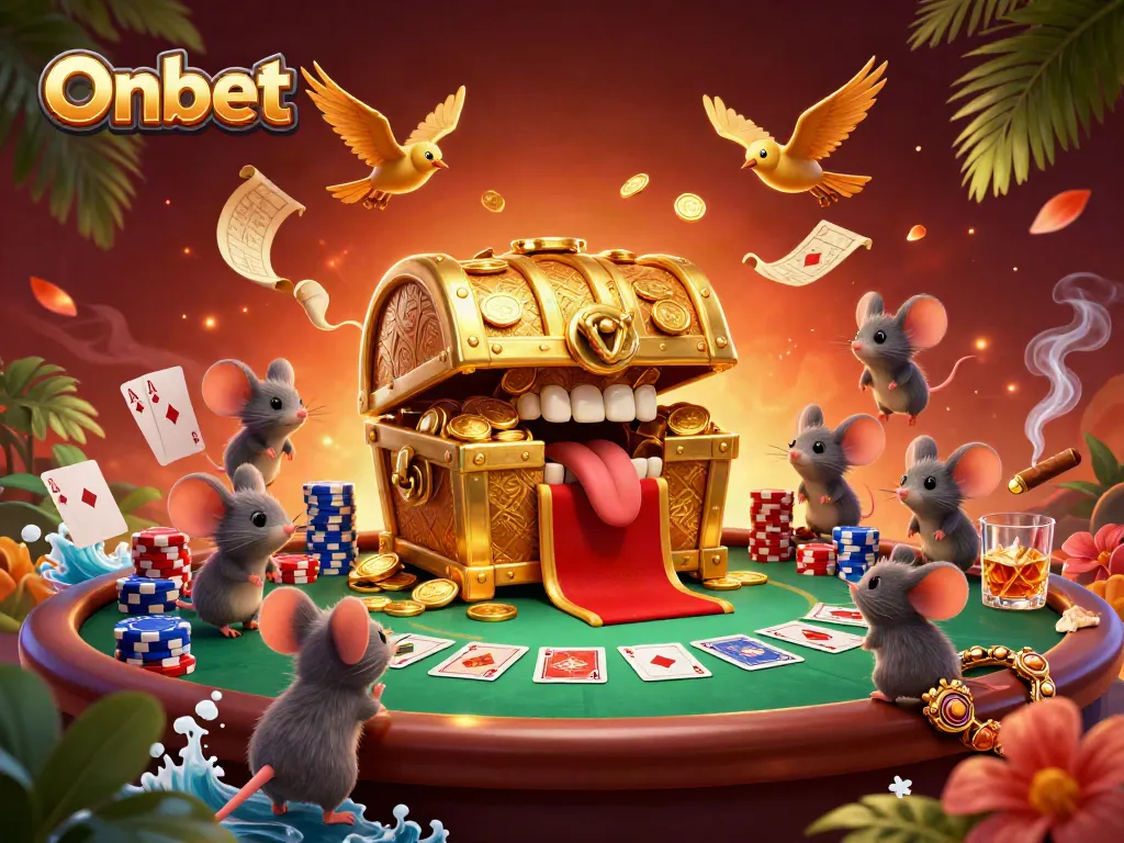 Experience the thrill of Onbet with a vibrant 3D treasure chest scene filled with poker elements and dynamic characters.