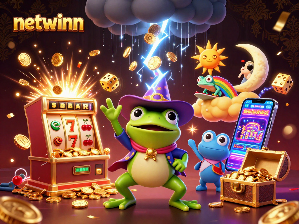 Experience the magic of netwinn with a vibrant 3D illustration of a wizard frog and a chameleon in a thrilling casino setting.