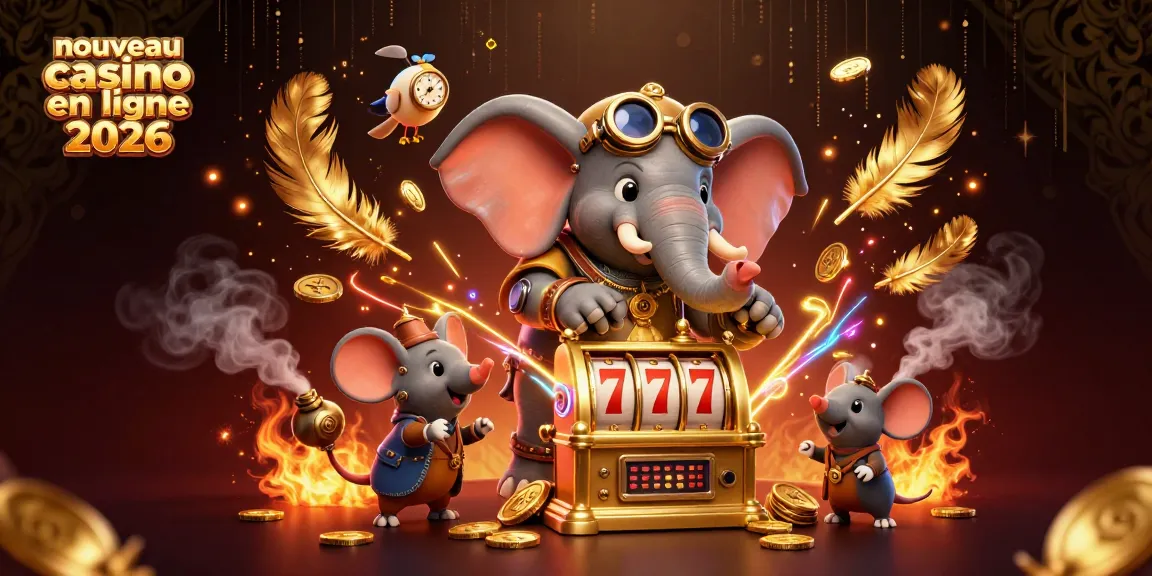 Explore les nouveautés du nouveau casino en ligne 2026 avec un éléphant ingénieur et des machines à sous dorées.