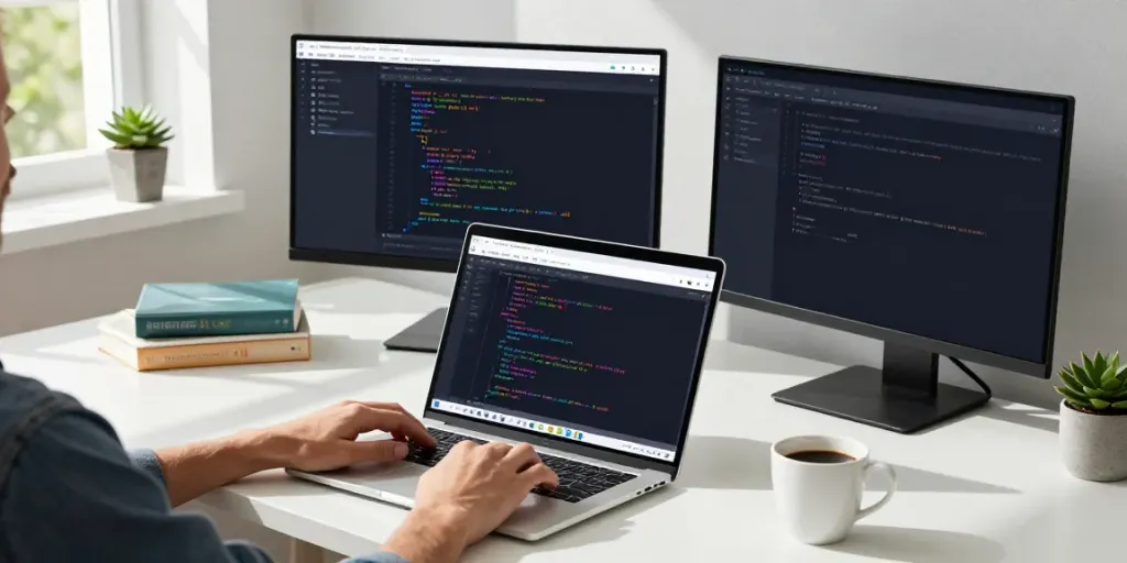 Developer coding with Notepad++ on dual monitors, showcasing syntax highlighting in a modern workspace.