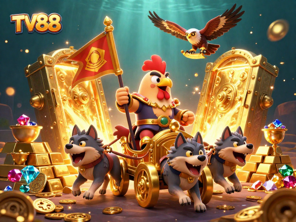 Engage in thrilling gameplay with TV88's vibrant casino illustration featuring treasure and excitement.