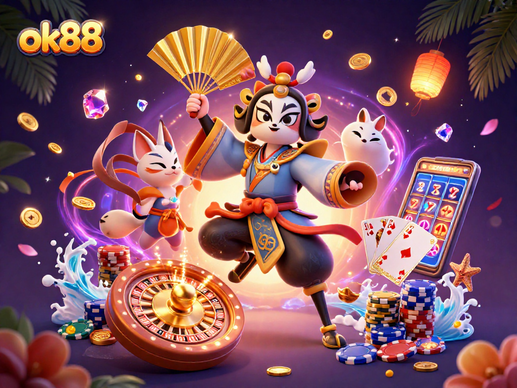 Win big at ok88 with a captivating illustration of casino elements and characters.