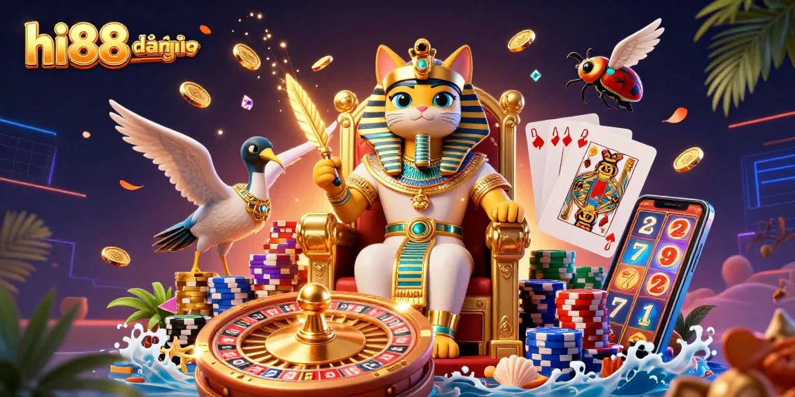 Experience the thrill of hi88 đăng nhập with a vibrant 3D casino illustration featuring an Egyptian pharaoh cat.
