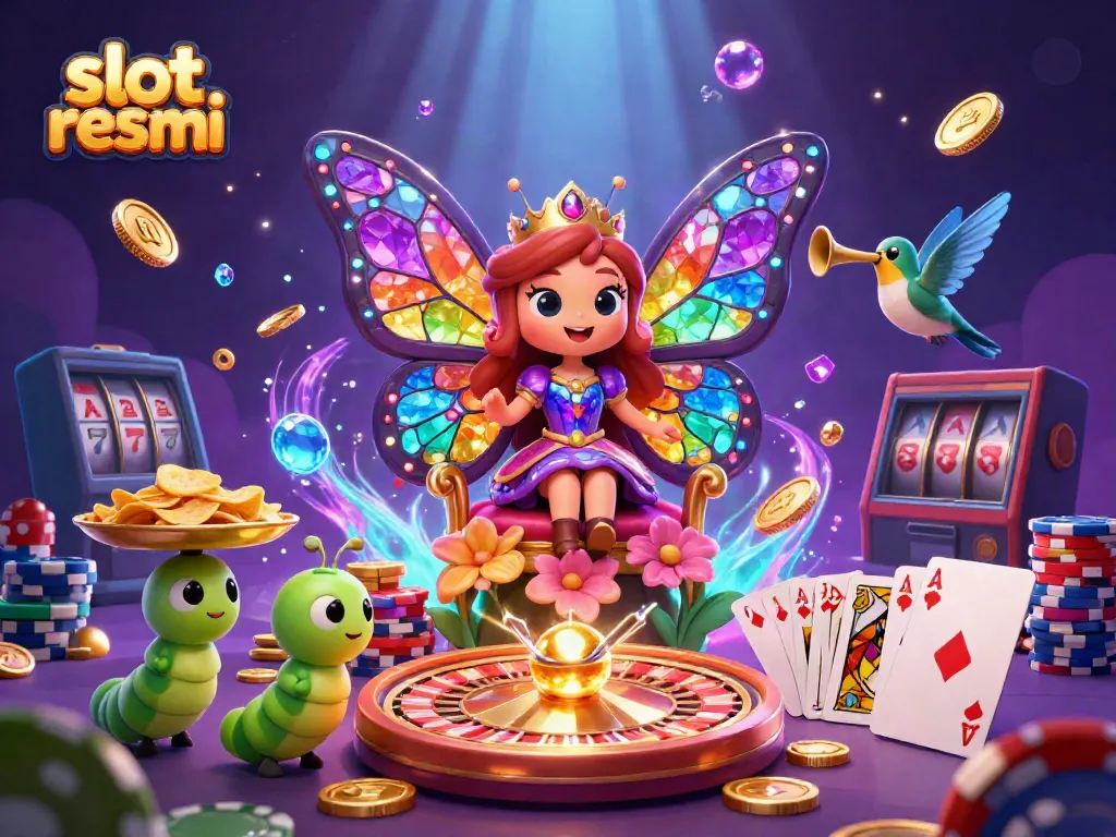 Engage with slot resmi gameplay, featuring a vibrant 3D butterfly queen amidst casino elements.