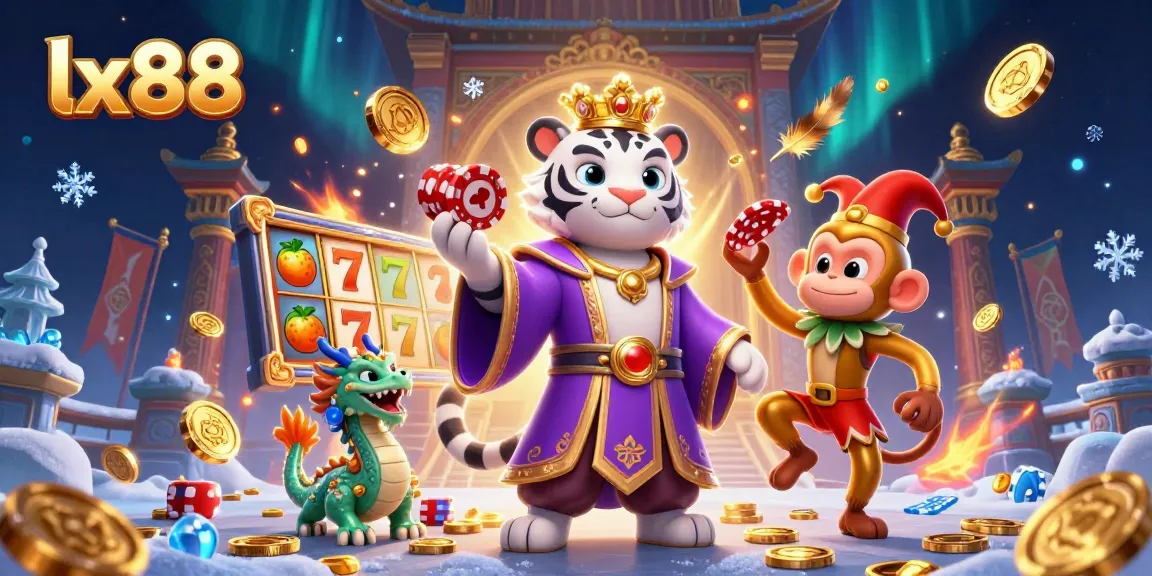 Experience vibrant action in lx88 slots with a lively white tiger, golden monkey, and jade dragon.