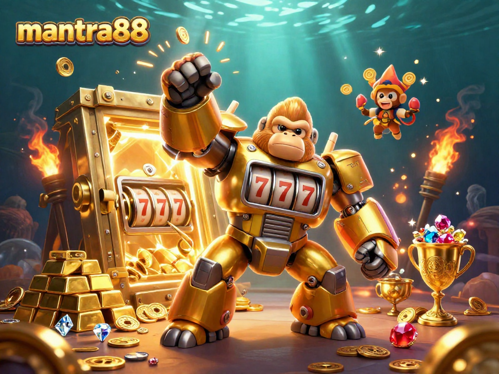 Engage in thrilling action with mantra88 as a golden gorilla mech emerges from a treasure vault of casino riches.