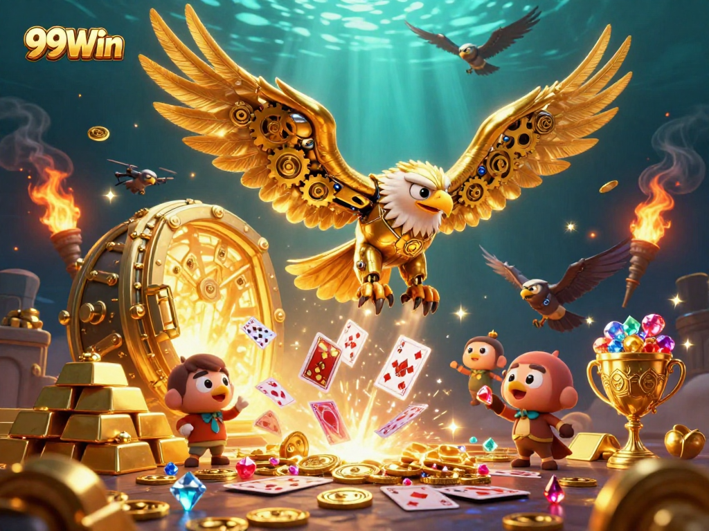 Experience thrilling moments at 99Win with a golden eagle amid a dazzling casino environment.